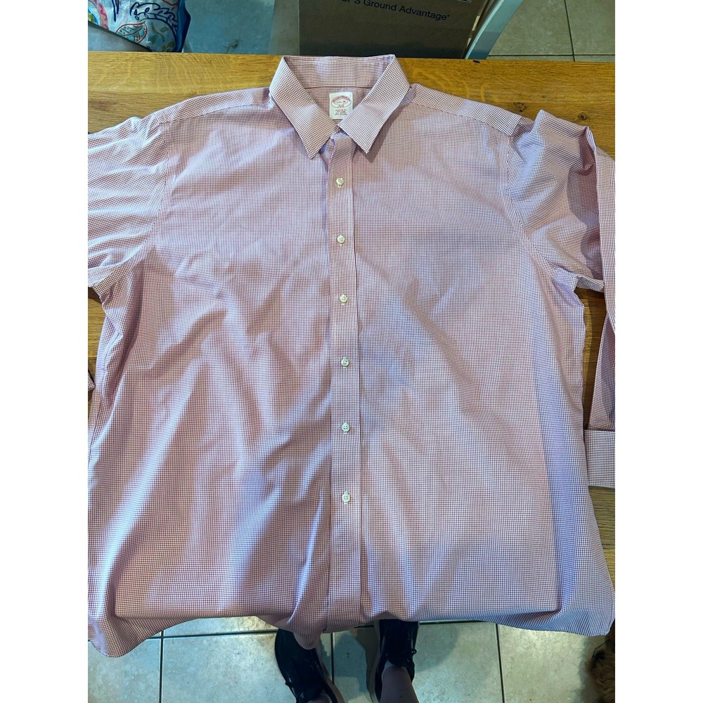 Brooks Brothers 346 Non-Iron Regular Fit Pink/White Check Dress Shirt 17.5 36
